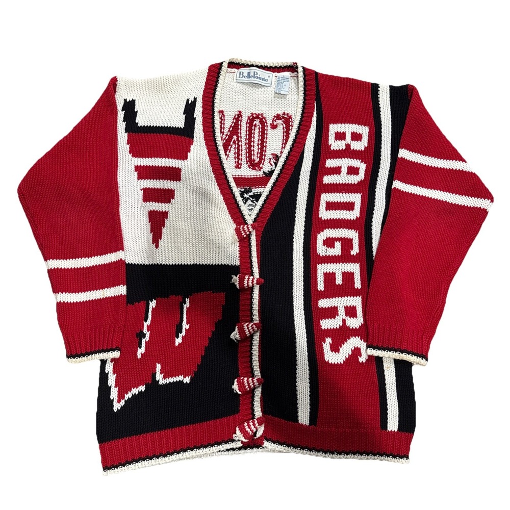 Vtg University Wisconsin Badgers Football Cardigan Sweater Belle Pointe Sz Large
